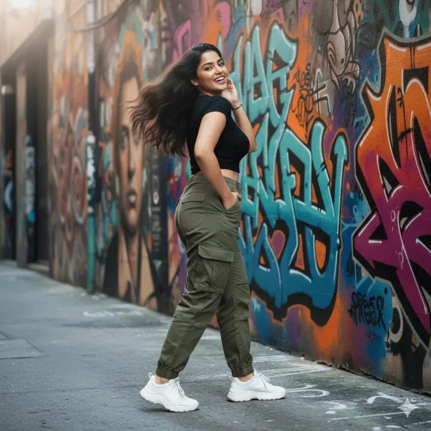 Girl laughing near graffiti wal.