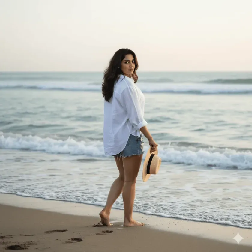 Girl walking barefoot on beach morning — photo prompts for girls