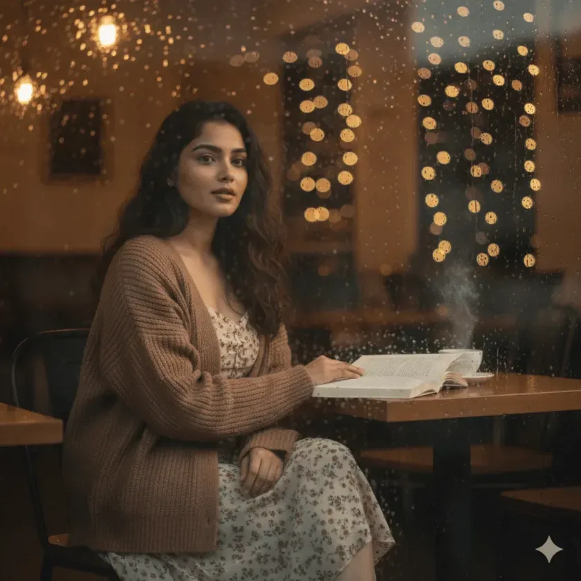 Girl reading near cafe window on rainy day