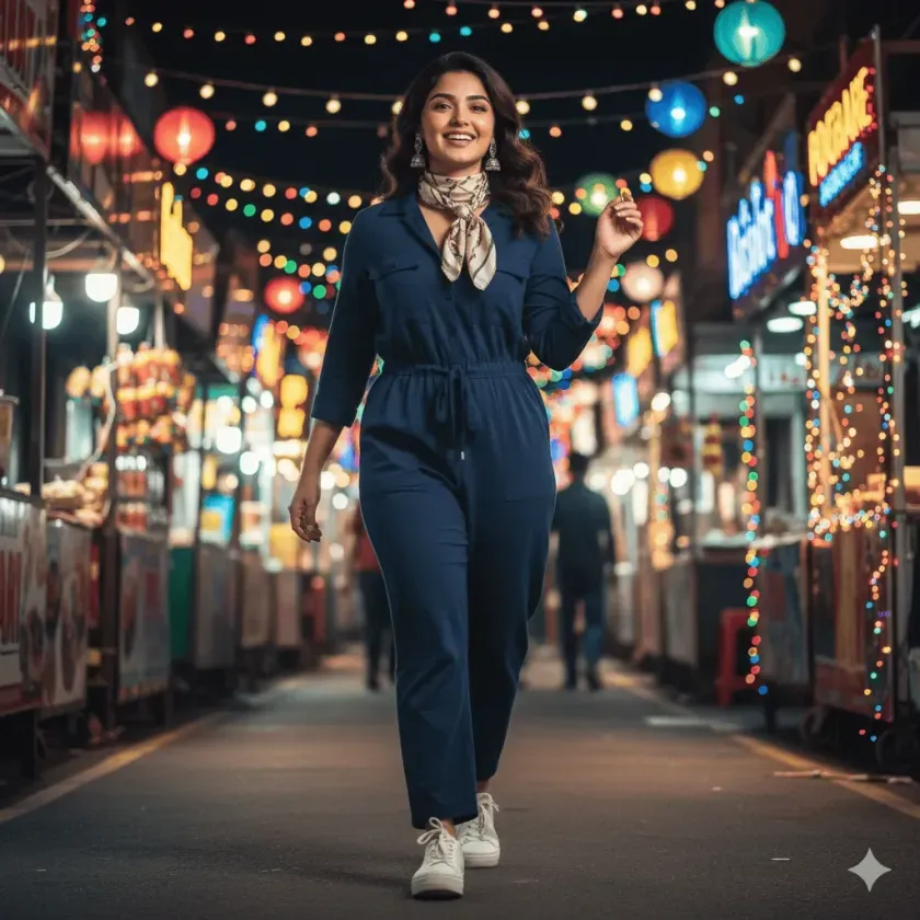 Girl walking through night market lights