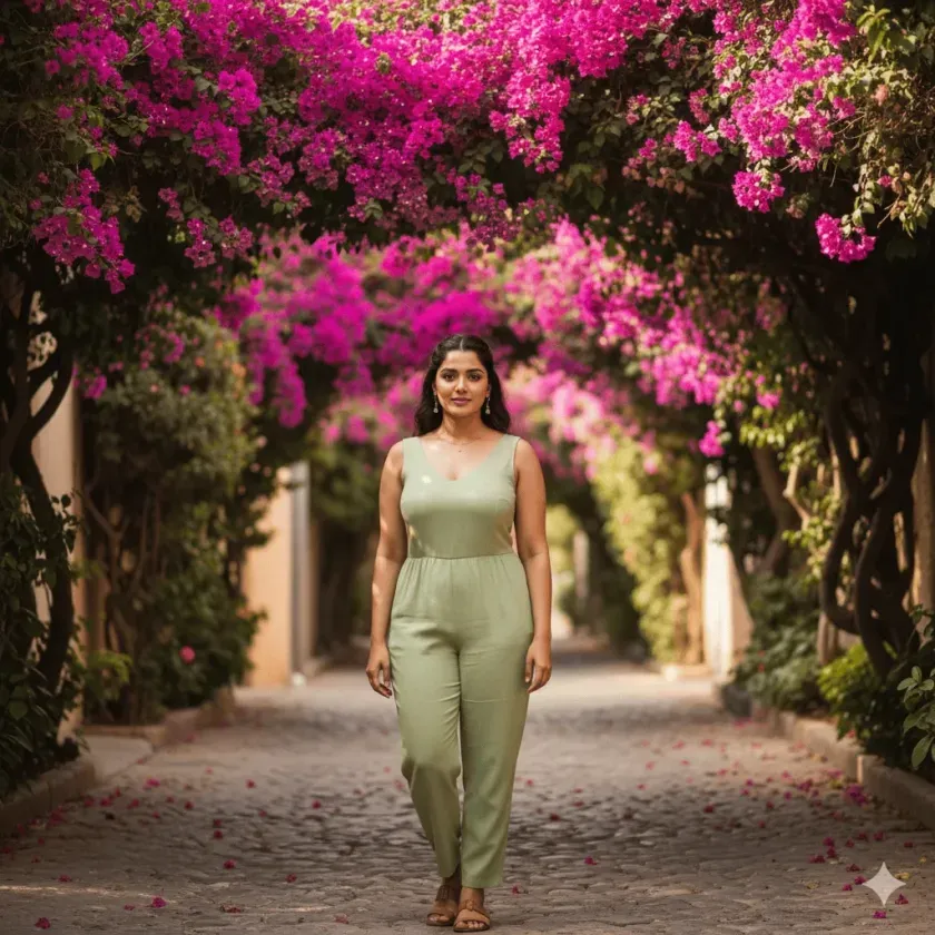 Girl standing under bougainvillea flowers.