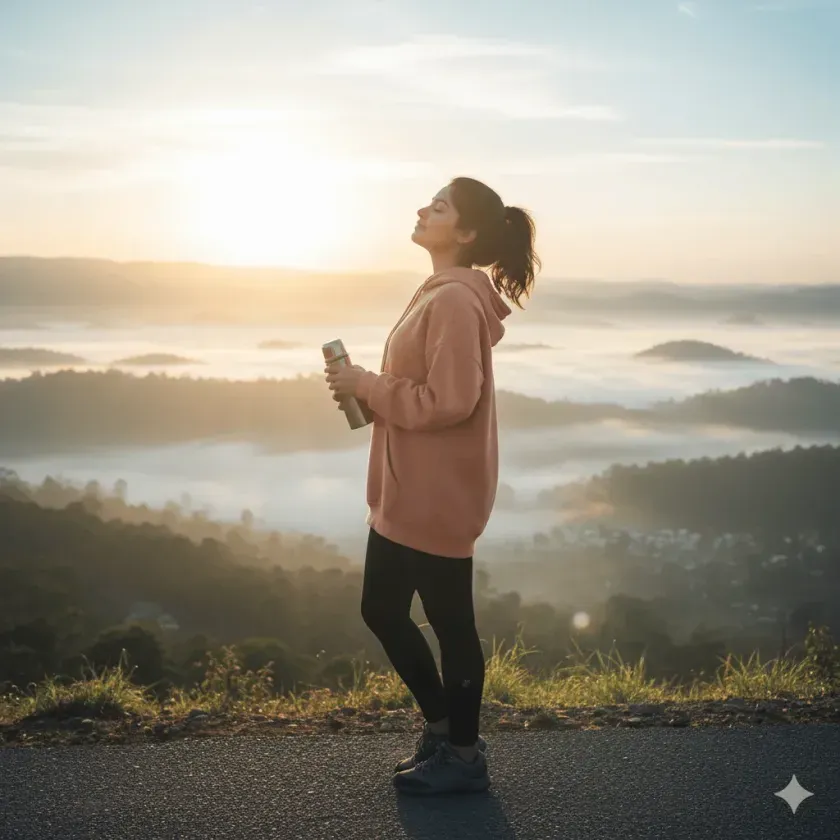 Girl standing on hilltop at sunrise