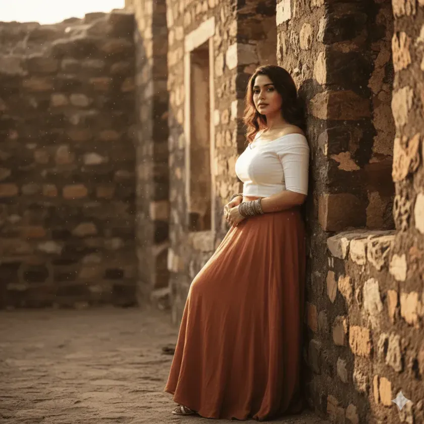 Girl leaning against old fort wall