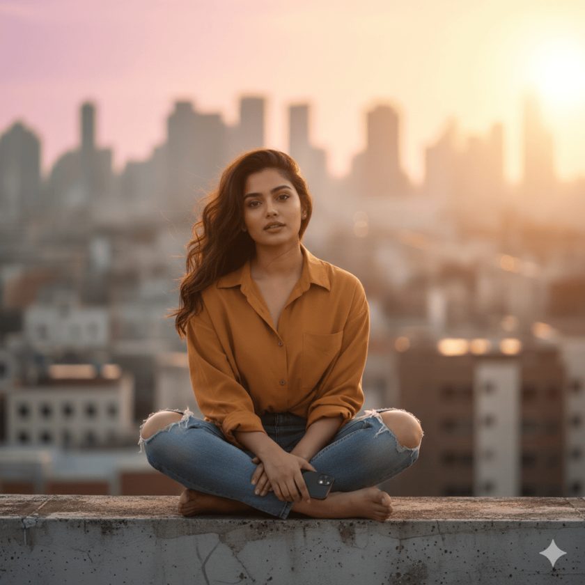 Girl sitting on rooftop at sunset — photo prompts for girls.