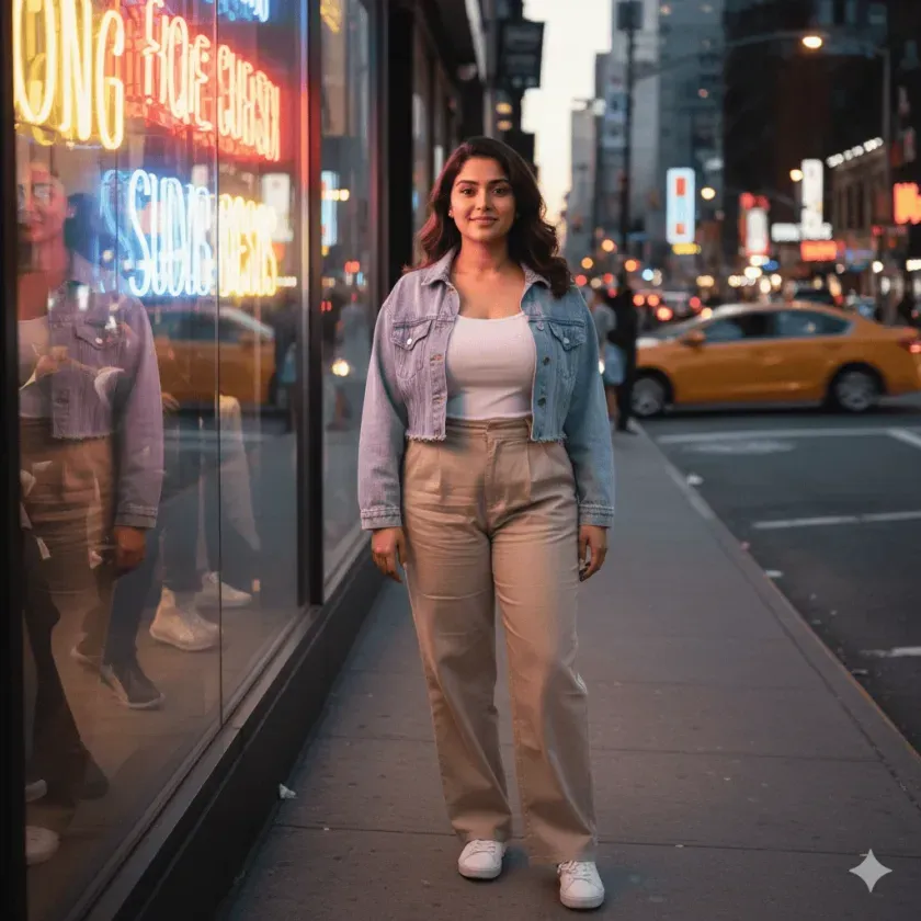Girl by glass wall with city lights — photo prompts for girls.