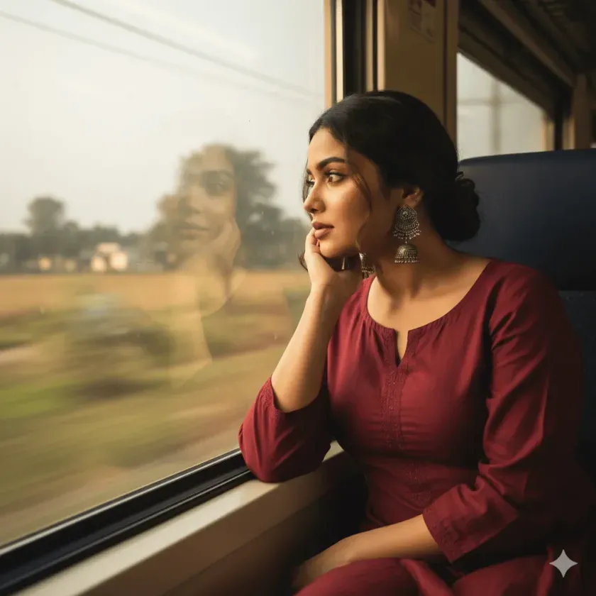 Girl looking out of train window.