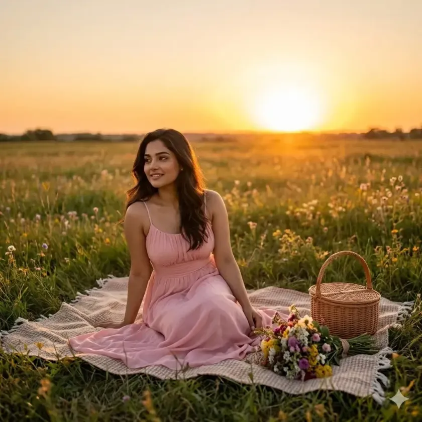 Stylish Girl Photo Prompts sunset picnic prompt